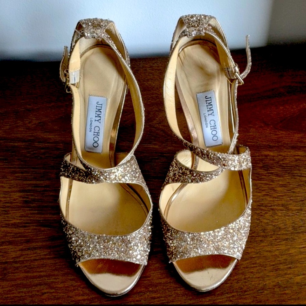 Auth. Jimmy Choo Emily 85 Rose Gold Glitter Sandal Heel